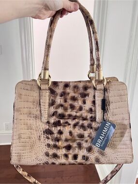 Brahmin Cream and Brown Croc-Embossed Top-Handle Satchel
